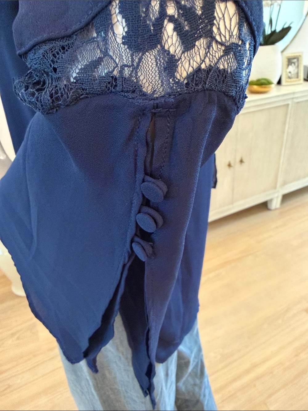Colleen Lopez Navy Ruffle Front Blouse - Picture 7 of 12